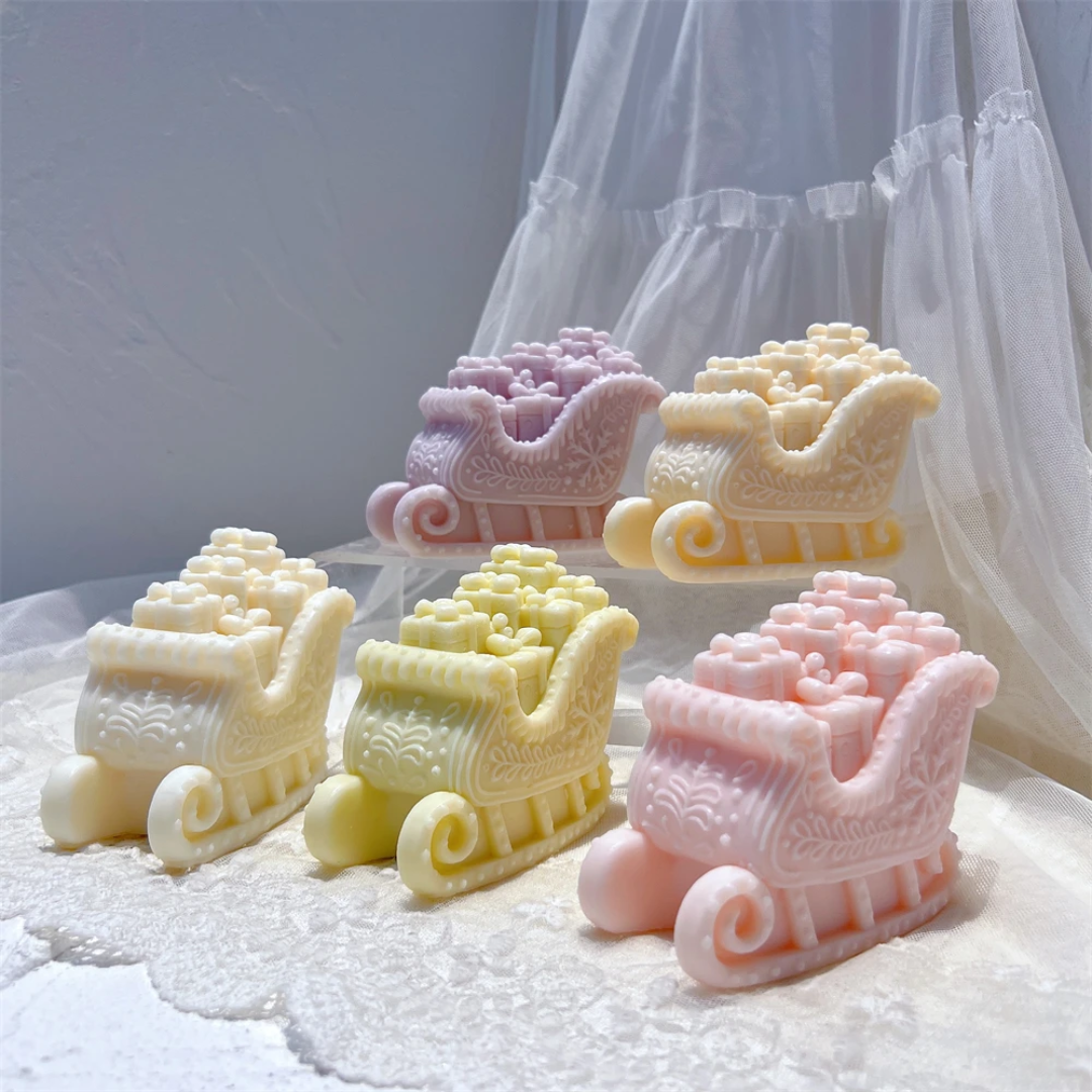 Showcasing the Santa's Sleigh Silicone Candle Mould silicone candle mould by MYKA Candles and Moulds for creative baking moulds and candle making.