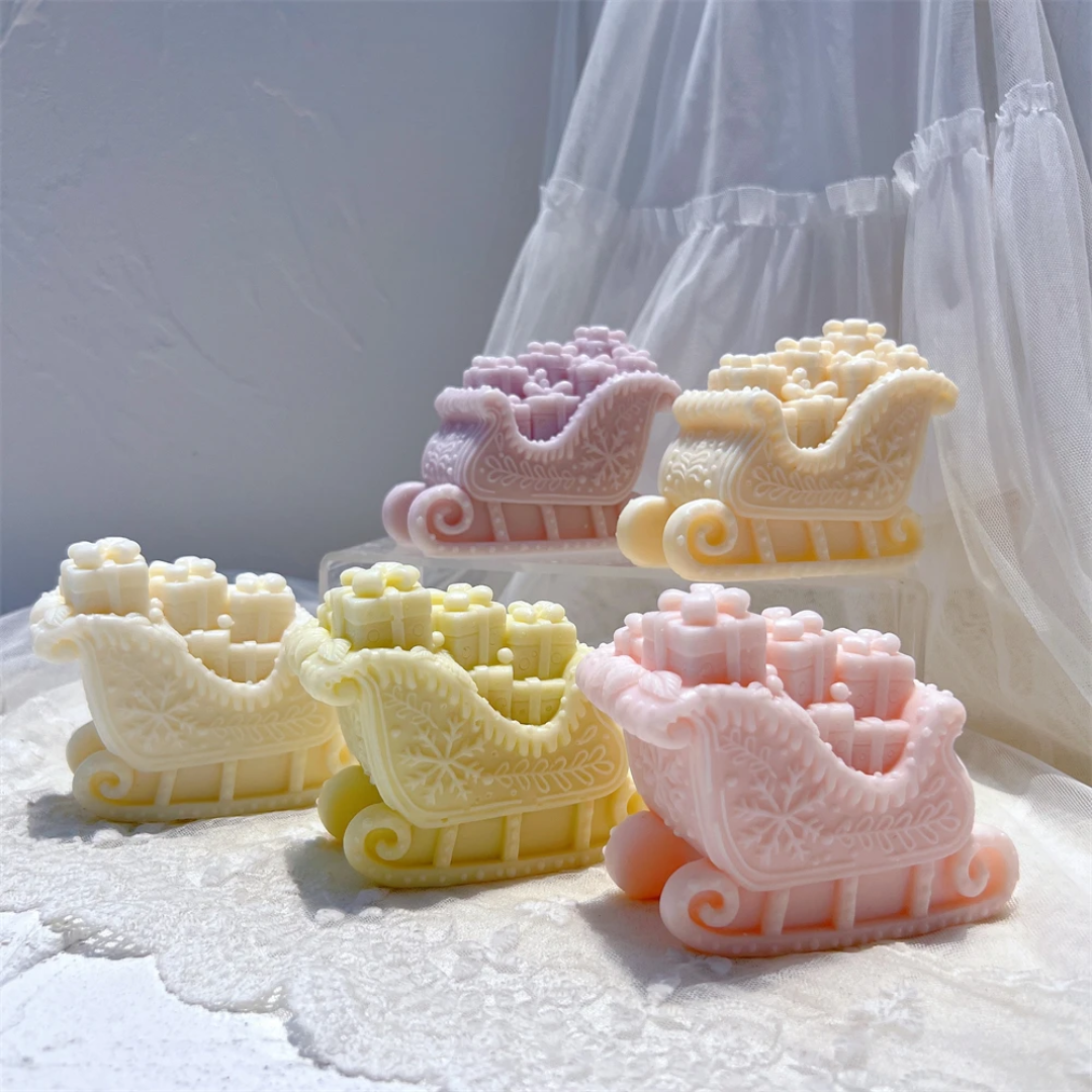 View of the Santa's Sleigh Silicone Candle Mould silicone candle mould from MYKA Candles and Moulds, ideal for DIY soap moulds and cake mould projects.