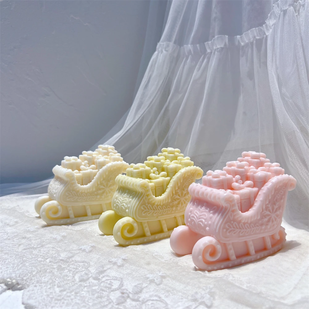 A Santa's Sleigh Silicone Candle Mould silicone candle mold by MYKA Candles and Moulds, designed for easy release in soap, resin, and cake mould casting.