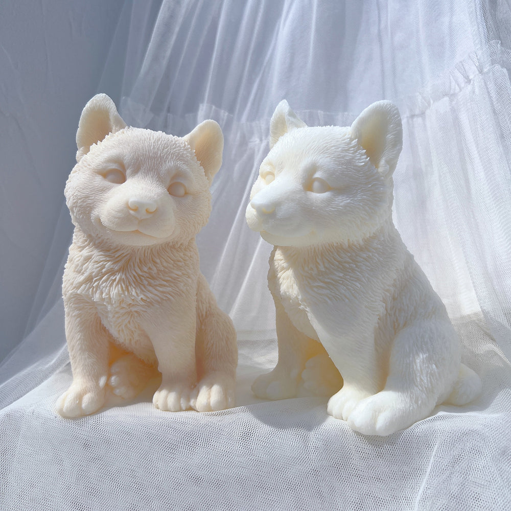 A heat-resistant Siberian Husky Puppy Candle Mould silicone candle mould by MYKA Candles and Moulds, ideal for soap, resin, and baking mould applications.