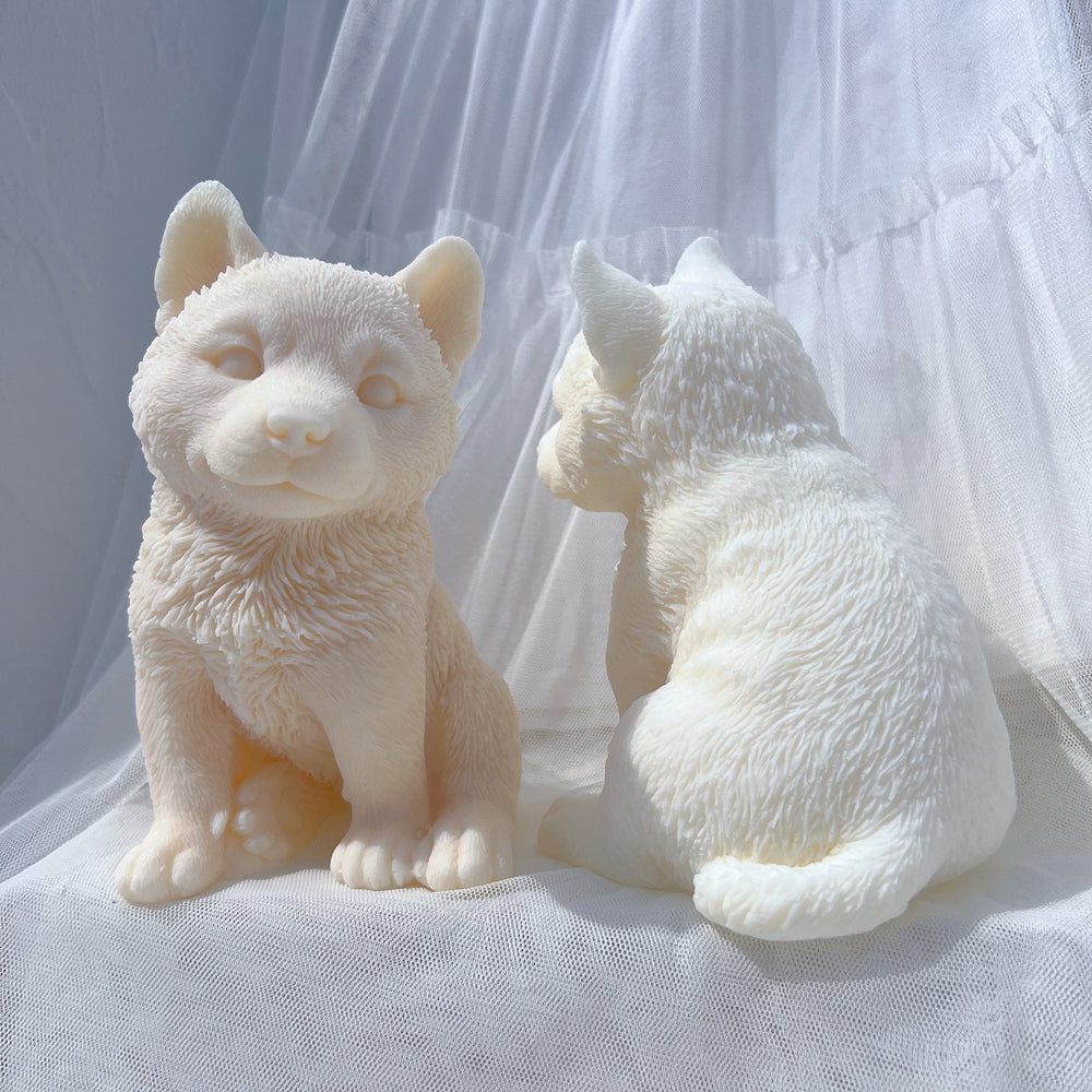 A premium Siberian Husky Puppy Candle Mould silicone candle mold by MYKA Candles and Moulds, a versatile tool for soap, resin, and cake mould crafting.