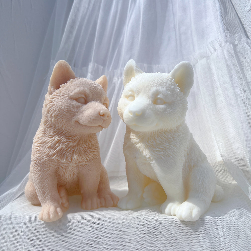 The flexible Siberian Husky Puppy Candle Mould silicone candle mould by MYKA Candles and Moulds, suitable for soap moulds and food-grade cake mould use.