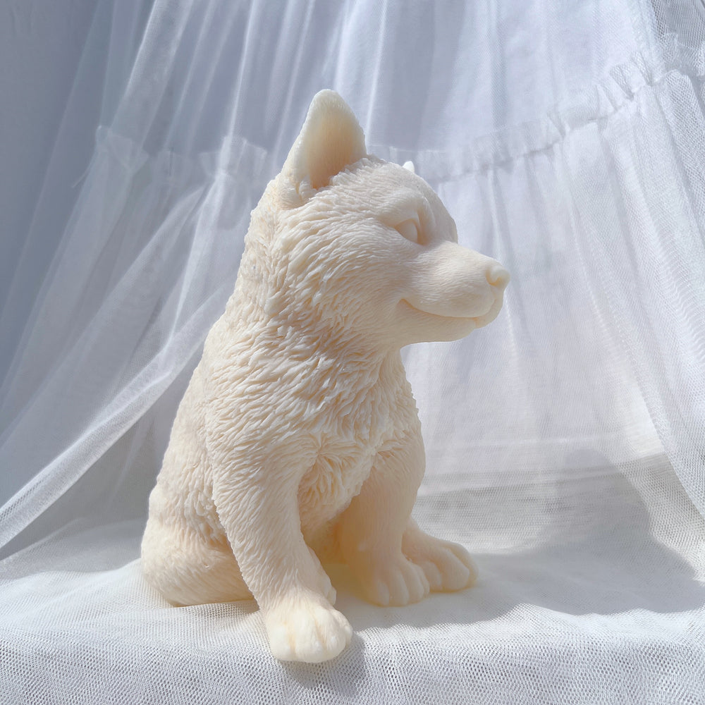 Close-up of the Siberian Husky Puppy Candle Mould silicone candle mould by MYKA Candles and Moulds for soy wax, soap moulds, and baking mould hobbyists.