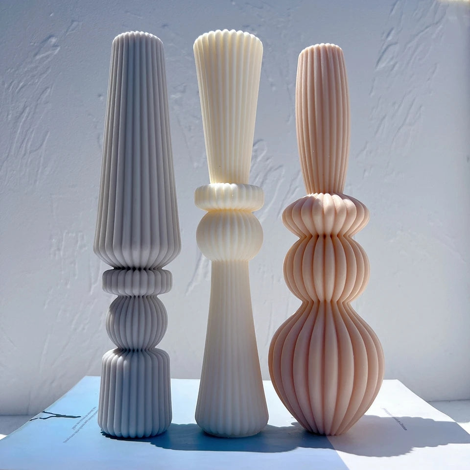 An intricate Striped Vase Moulds silicone candle mold by MYKA Candles and Moulds, designed for aesthetic home decor and vessel moulds.