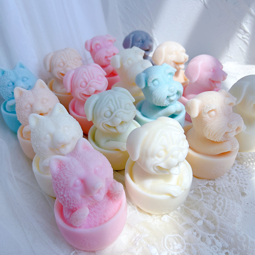An intricate Teacup Puppy Candle Moulds silicone candle mold by MYKA Candles and Moulds, designed for aesthetic candles and resin moulds.