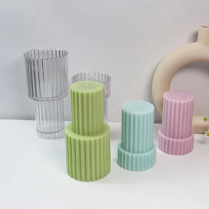 A heat-resistant Tiered Ribbed Pillar Candle Moulds silicone candle mould by MYKA Candles and Moulds, ideal for soap, resin, and baking mould applications.