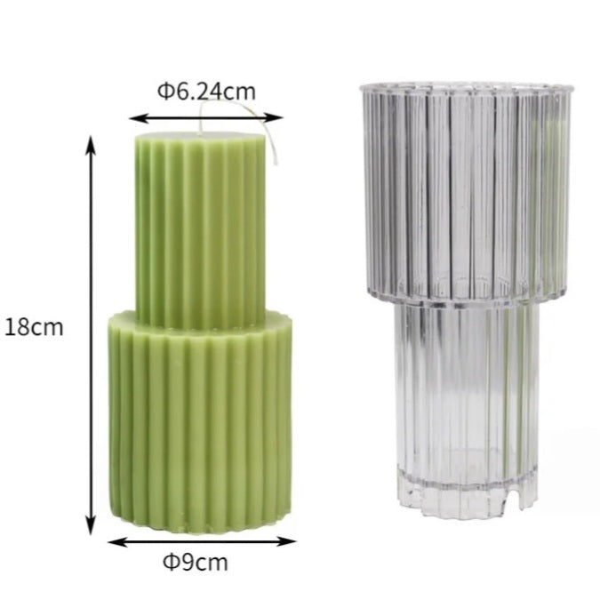 A detailed Tiered Ribbed Pillar Candle Moulds silicone candle mould by MYKA Candles and Moulds, perfect for candle making, soap moulds, and resin moulds.