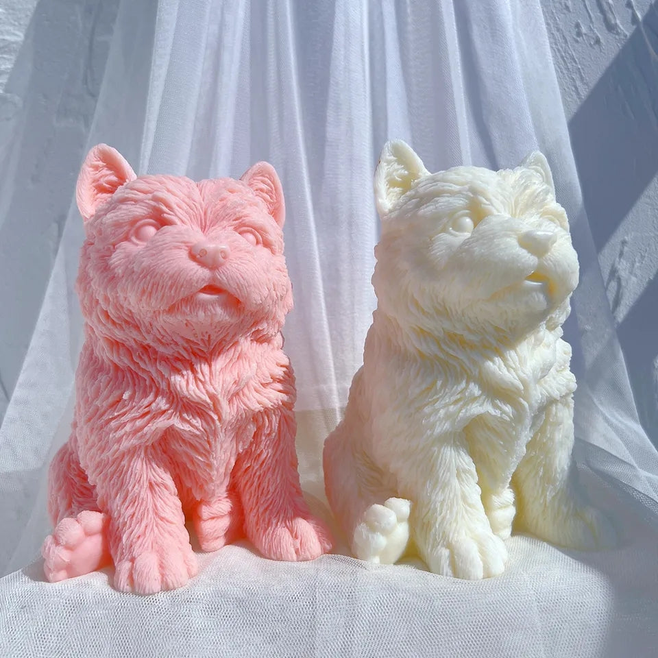 A heat-resistant West Highland Puppy Candle Mould silicone candle mould by MYKA Candles and Moulds, ideal for soap, resin, and baking mould applications.