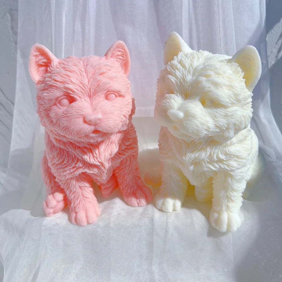 Close-up of the West Highland Puppy Candle Mould silicone candle mould by MYKA Candles and Moulds for soy wax, soap moulds, and baking mould hobbyists.