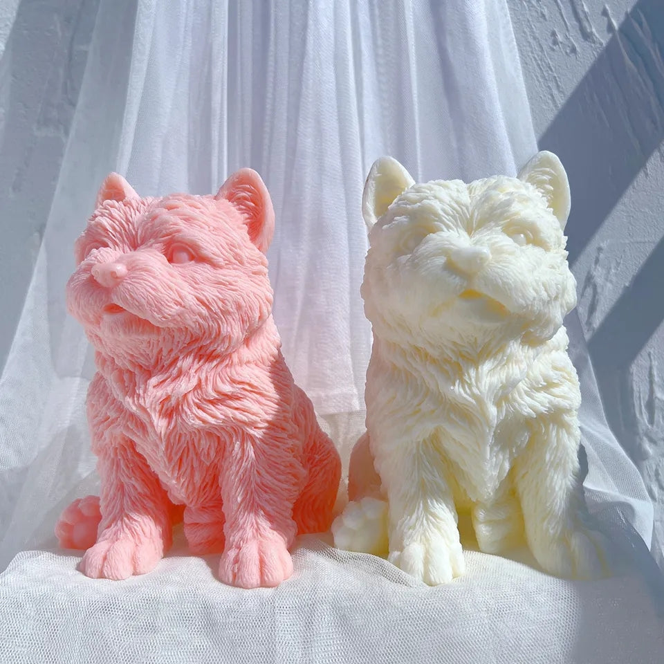 An intricate West Highland Puppy Candle Mould silicone candle mold by MYKA Candles and Moulds, designed for aesthetic candles and resin moulds.