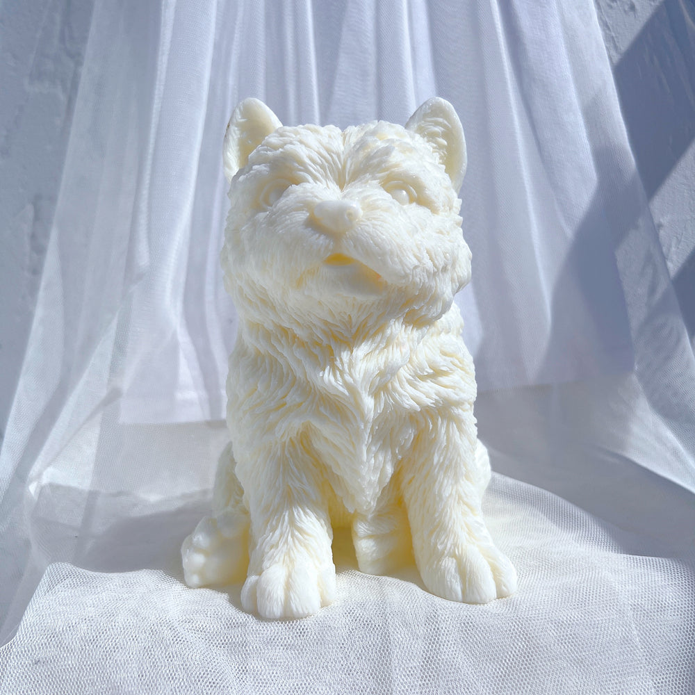 View of the West Highland Puppy Candle Mould silicone candle mould from MYKA Candles and Moulds, ideal for DIY soap moulds and cake mould projects.
