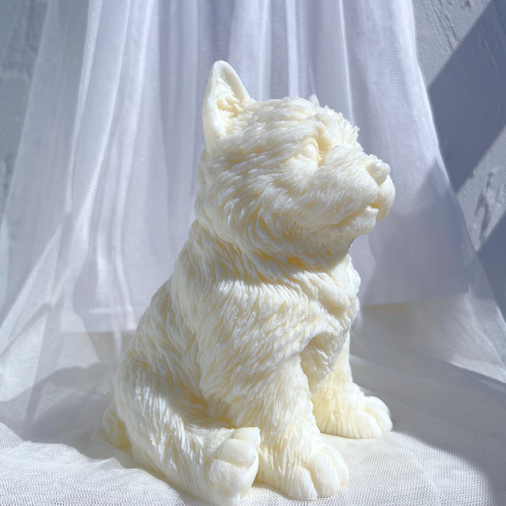 A heat-resistant West Highland Puppy Candle Mould silicone candle mould by MYKA Candles and Moulds, ideal for soap, resin, and baking mould applications.
