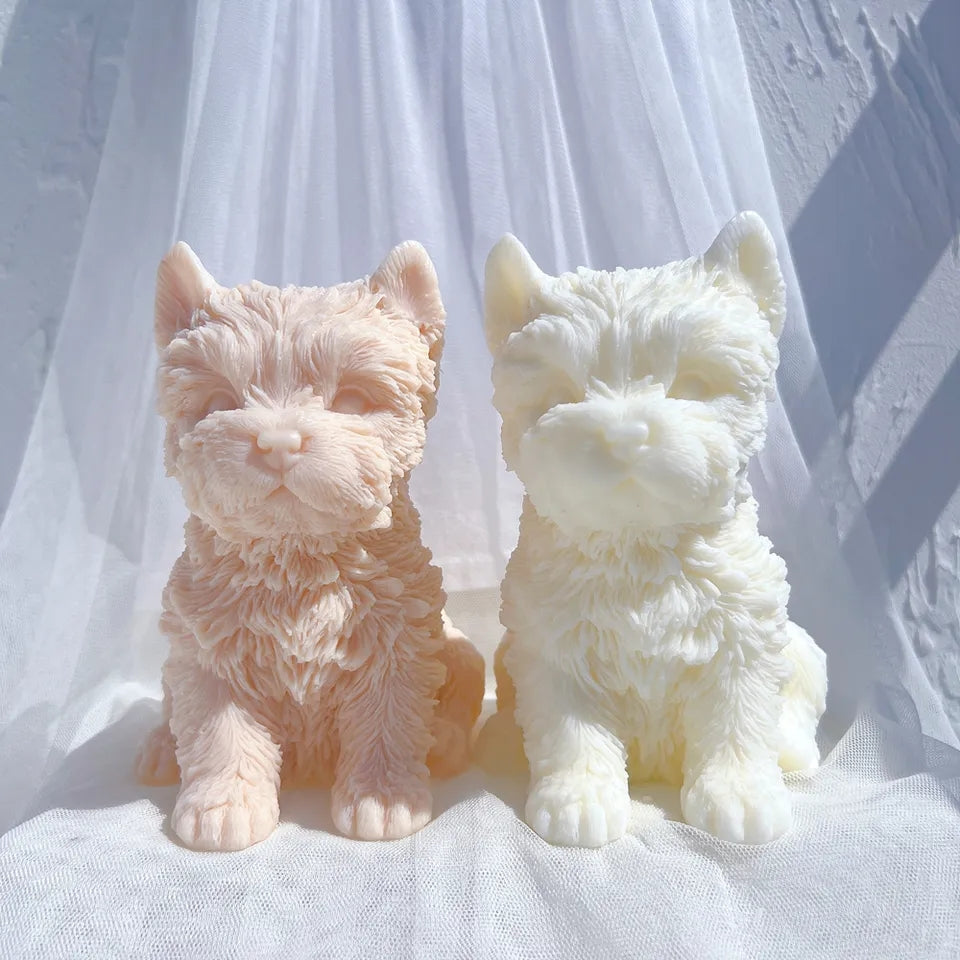 An aesthetic Yorkshire Terrier Puppy Candle Mould silicone candle mould from MYKA Candles and Moulds, perfect for soap, resin, and cake mould art.