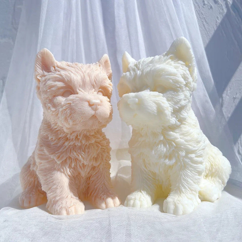 A detailed Yorkshire Terrier Puppy Candle Mould silicone candle mould by MYKA Candles and Moulds, perfect for candle making, soap moulds, and resin moulds.