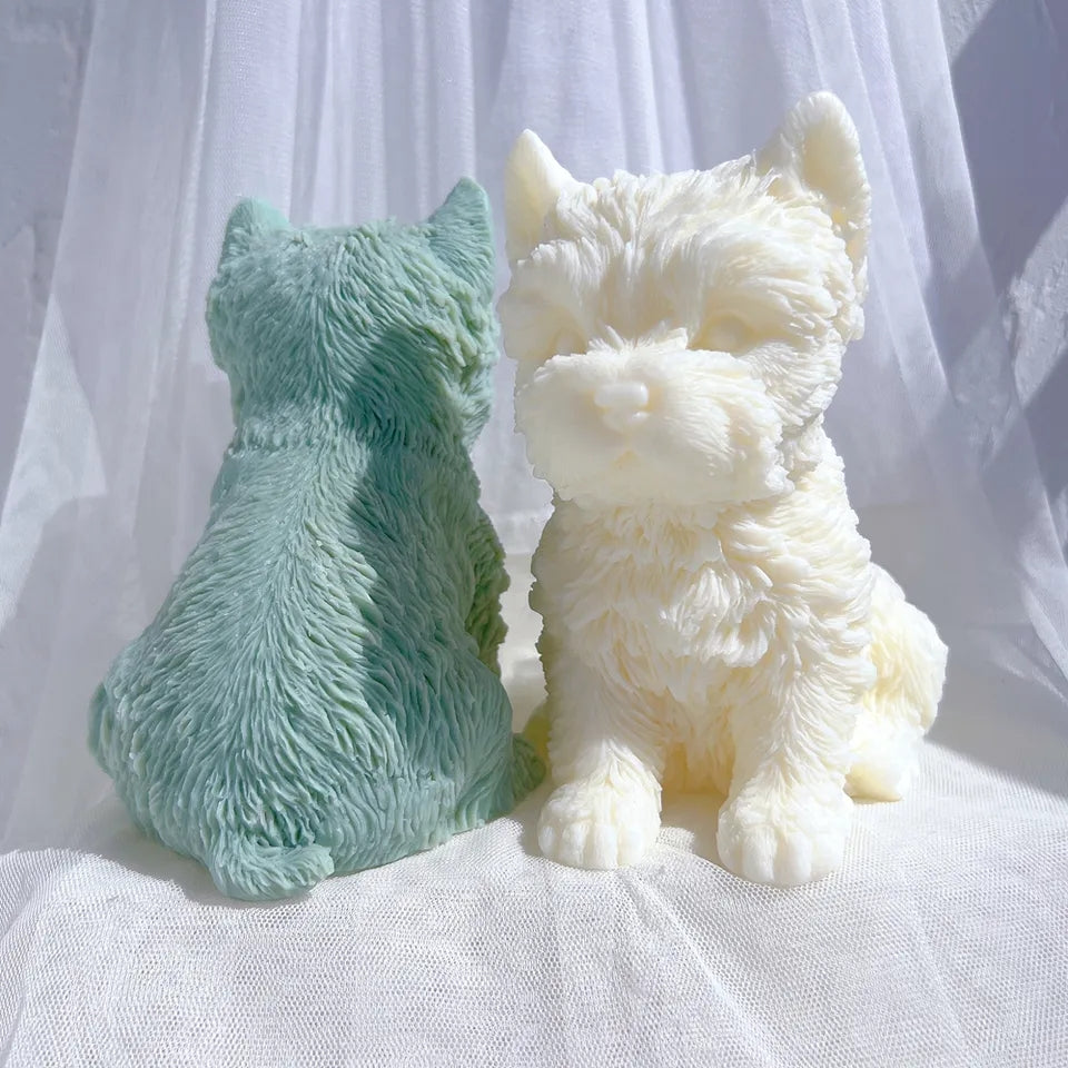 An aesthetic Yorkshire Terrier Puppy Candle Mould silicone candle mould from MYKA Candles and Moulds, perfect for soap, resin, and cake mould art.