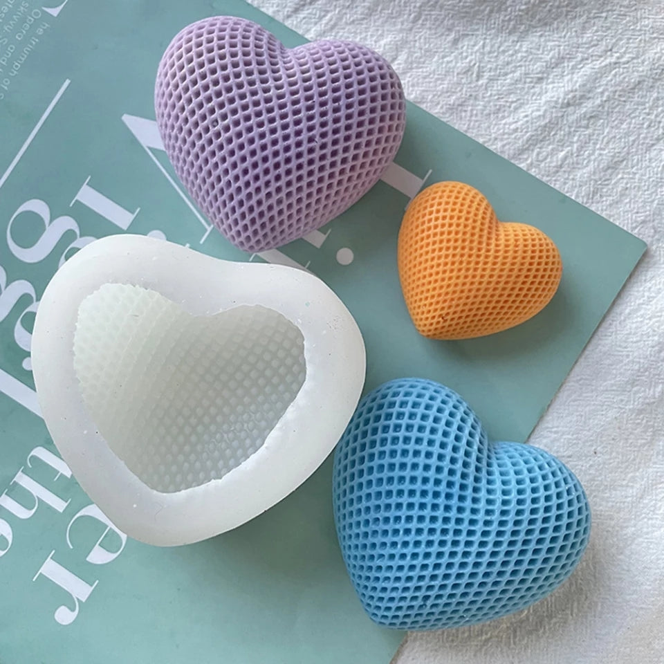 Mesh Heart Candle Mould 4 - Silicone Mould, Mold for DIY Candles. Created using candle making kit with cotton candle wicks and candle colour chips. Using soy wax for pillar candles. Sold by Myka Candles Moulds Australia