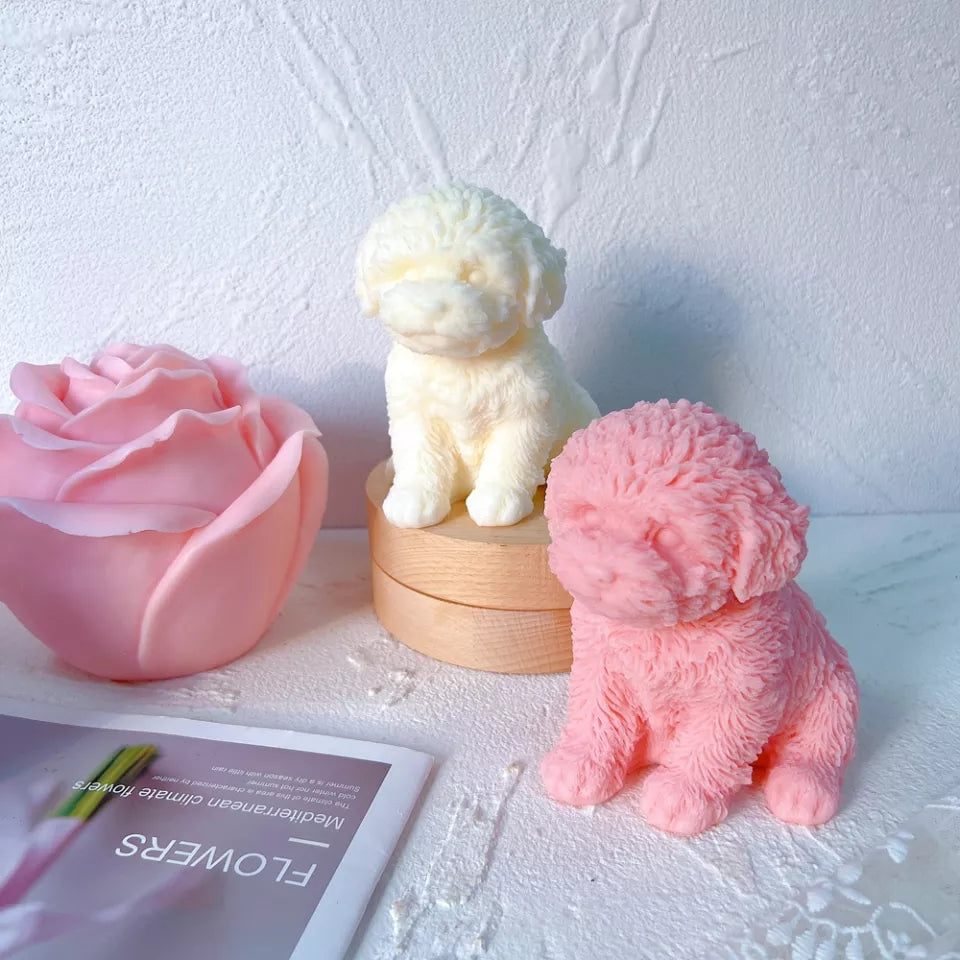 Puppy Candle Mould 3 - Silicone Mould, Mold for DIY Candles. Created using candle making kit with cotton candle wicks and candle colour chips. Using soy wax for pillar candles. Sold by Myka Candles Moulds Australia