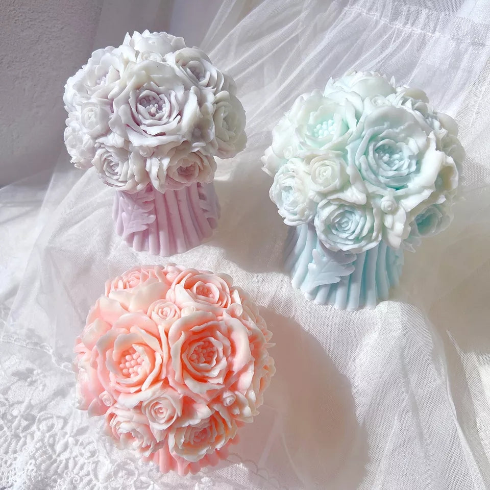 Bouquet Candle Mould 0 - Silicone Mould, Mold for DIY Candles. Created using candle making kit with cotton candle wicks and candle colour chips. Using soy wax for pillar candles. Sold by Myka Candles Moulds Australia