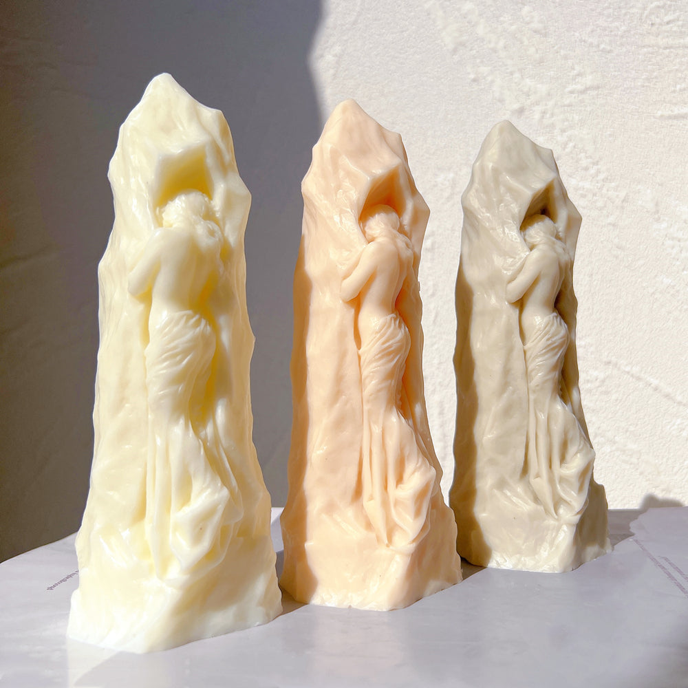 Stone Maiden Candle Mould 3 - Silicone Mould, Mold for DIY Candles. Created using candle making kit with cotton candle wicks and candle colour chips. Using soy wax for pillar candles. Sold by Myka Candles Moulds Australia