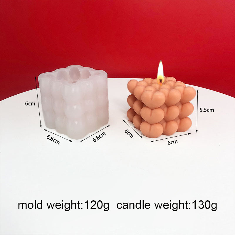 Heart Cube Candle Moulds 7 - Silicone Mould, Mold for DIY Candles. Created using candle making kit with cotton candle wicks and candle colour chips. Using soy wax for pillar candles. Sold by Myka Candles Moulds Australia