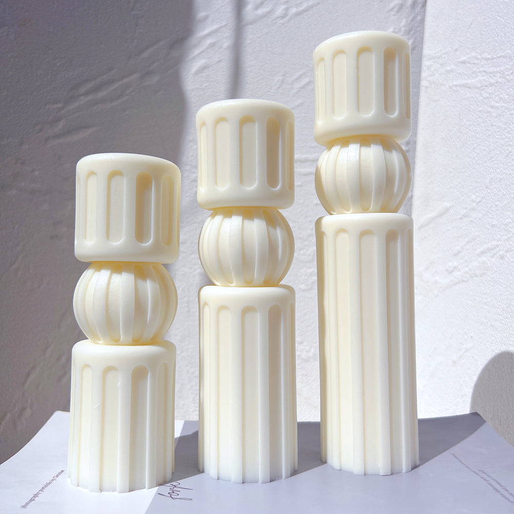Doric Column Candle Moulds 1 - Silicone Mould, Mold for DIY Candles. Created using candle making kit with cotton candle wicks and candle colour chips. Using soy wax for pillar candles. Sold by Myka Candles Moulds Australia
