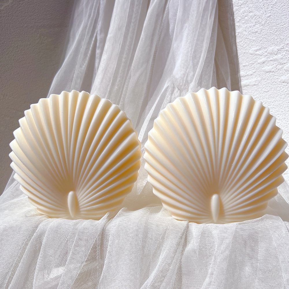 Scallop Shell Candle Mould 1 - Silicone Mould, Mold for DIY Candles. Created using candle making kit with cotton candle wicks and candle colour chips. Using soy wax for pillar candles. Sold by Myka Candles Moulds Australia
