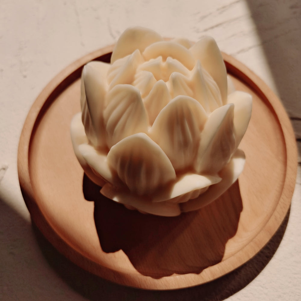 Lotus Candle Moulds 3 - Silicone Mould, Mold for DIY Candles. Created using candle making kit with cotton candle wicks and candle colour chips. Using soy wax for pillar candles. Sold by Myka Candles Moulds Australia