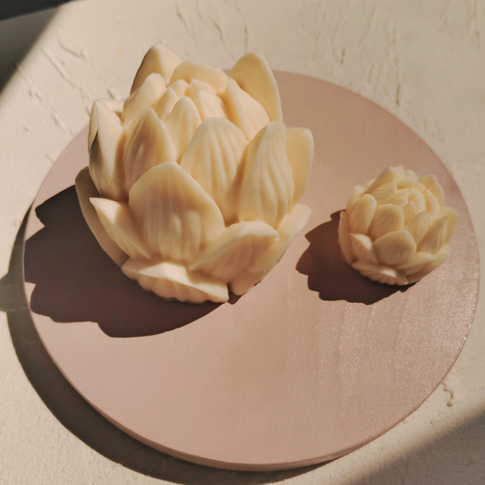 Lotus Candle Moulds 1 - Silicone Mould, Mold for DIY Candles. Created using candle making kit with cotton candle wicks and candle colour chips. Using soy wax for pillar candles. Sold by Myka Candles Moulds Australia