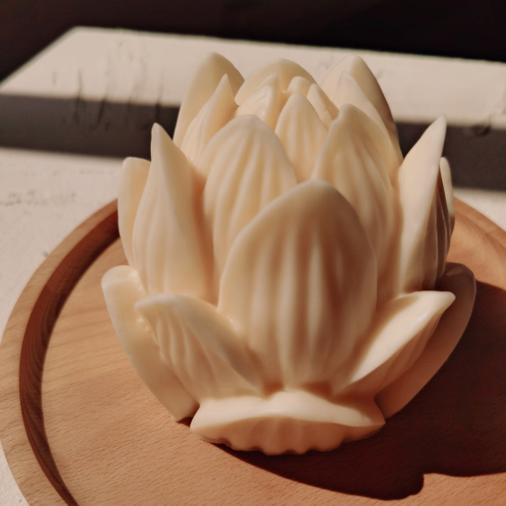Lotus Candle Moulds 5 - Silicone Mould, Mold for DIY Candles. Created using candle making kit with cotton candle wicks and candle colour chips. Using soy wax for pillar candles. Sold by Myka Candles Moulds Australia