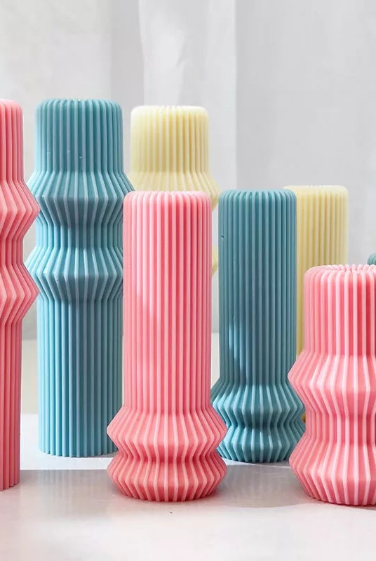 Ribbed Vase Candle Moulds 2 - Silicone Mould, Mold for DIY Candles. Created using candle making kit with cotton candle wicks and candle colour chips. Using soy wax for pillar candles. Sold by Myka Candles Moulds Australia