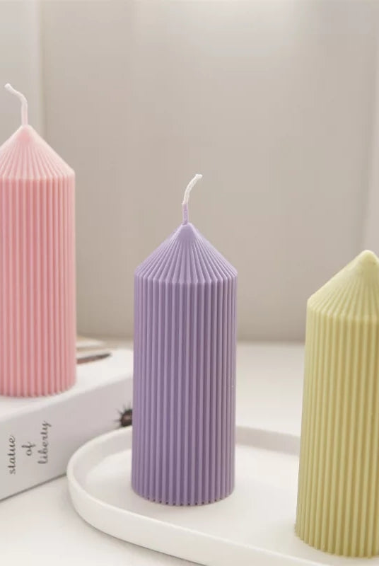 Pointy Ribbed Pillar Candle Mould 0 - Silicone Mould, Mold for DIY Candles. Created using candle making kit with cotton candle wicks and candle colour chips. Using soy wax for pillar candles. Sold by Myka Candles Moulds Australia