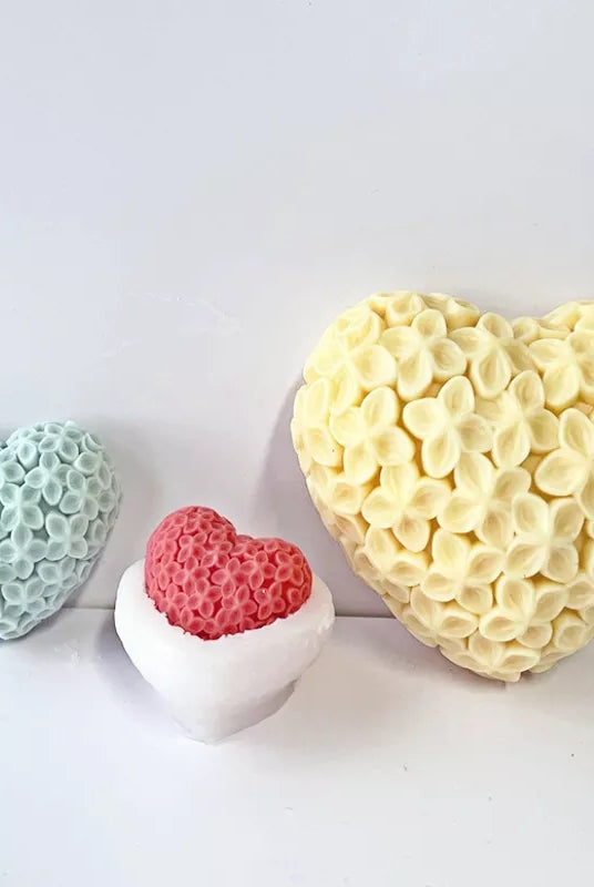Flower Heart Candle Mould 7 - Silicone Mould, Mold for DIY Candles. Created using candle making kit with cotton candle wicks and candle colour chips. Using soy wax for pillar candles. Sold by Myka Candles Moulds Australia