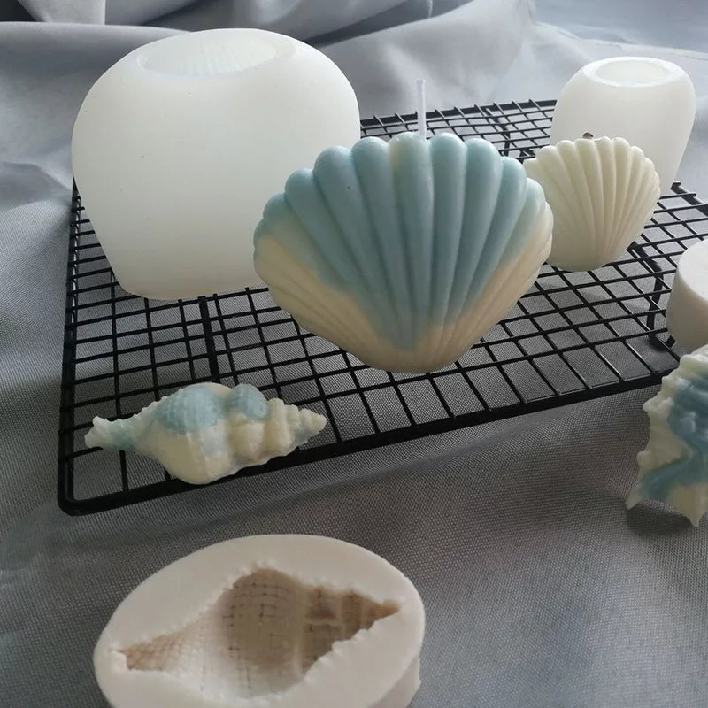 Shell Candle Moulds 2 - Silicone Mould, Mold for DIY Candles. Created using candle making kit with cotton candle wicks and candle colour chips. Using soy wax for pillar candles. Sold by Myka Candles Moulds Australia