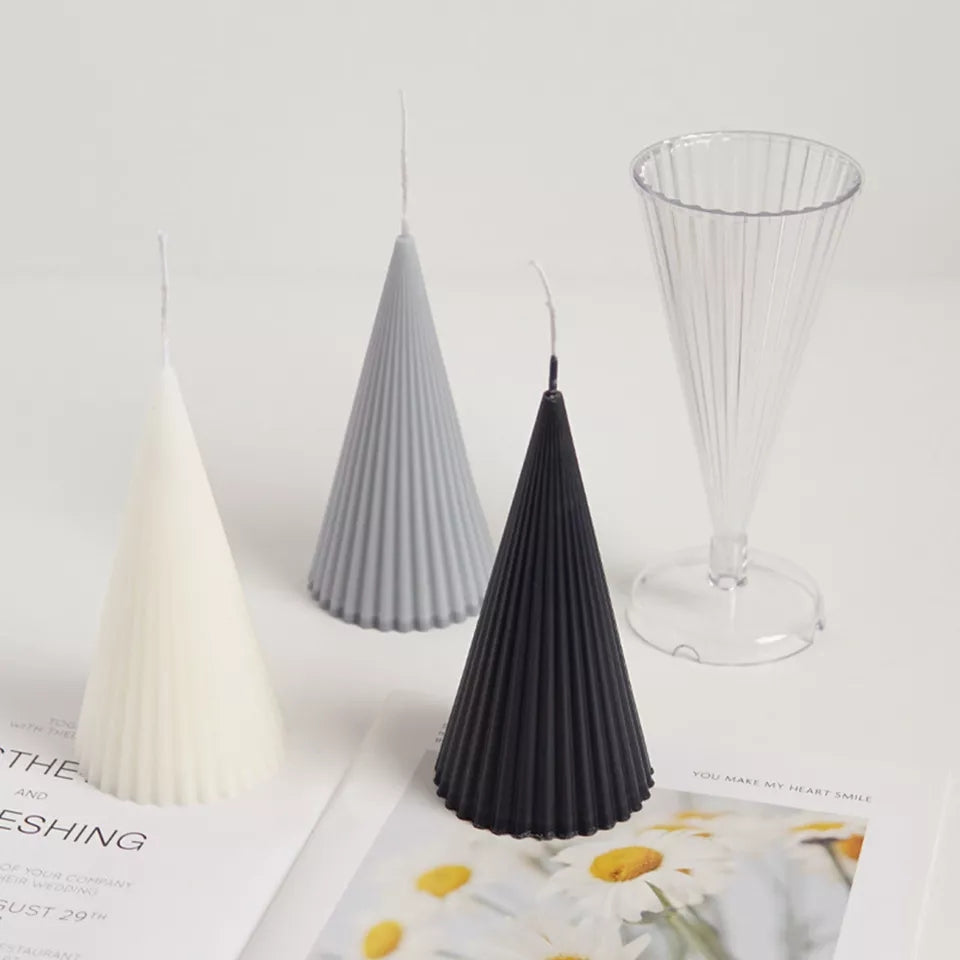Ribbed Cone Candle Mould 1 - Silicone Mould, Mold for DIY Candles. Created using candle making kit with cotton candle wicks and candle colour chips. Using soy wax for pillar candles. Sold by Myka Candles Moulds Australia