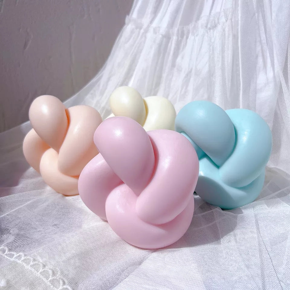 Square Knot Candle Mould 4 - Silicone Mould, Mold for DIY Candles. Created using candle making kit with cotton candle wicks and candle colour chips. Using soy wax for pillar candles. Sold by Myka Candles Moulds Australia