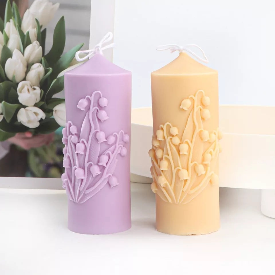 Lily of the Valley Candle Mould 3 - Silicone Mould, Mold for DIY Candles. Created using candle making kit with cotton candle wicks and candle colour chips. Using soy wax for pillar candles. Sold by Myka Candles Moulds Australia