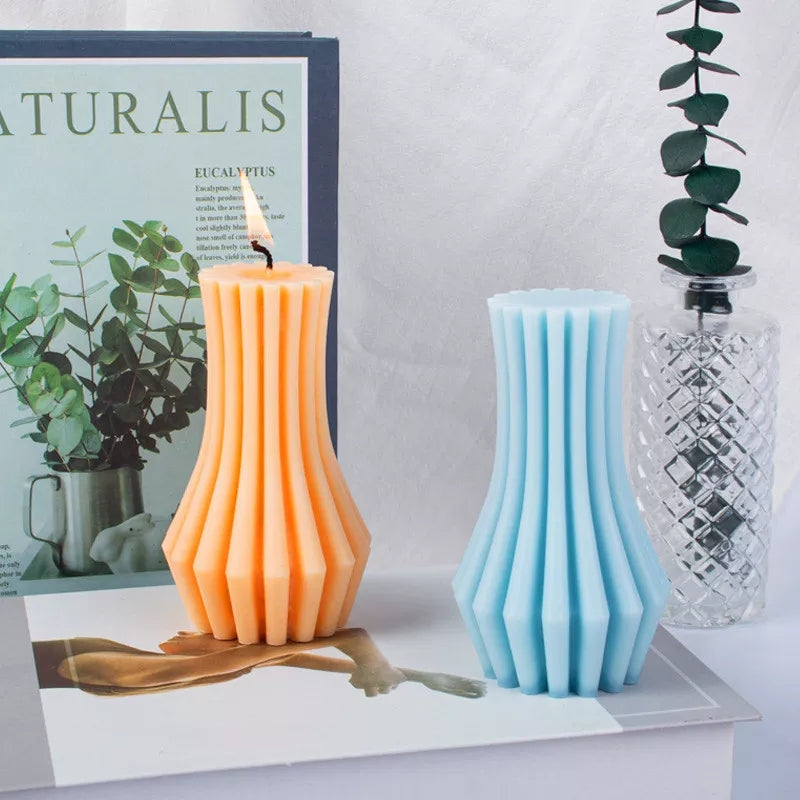 Striped Vase Candle Mould 0 - Silicone Mould, Mold for DIY Candles. Created using candle making kit with cotton candle wicks and candle colour chips. Using soy wax for pillar candles. Sold by Myka Candles Moulds Australia