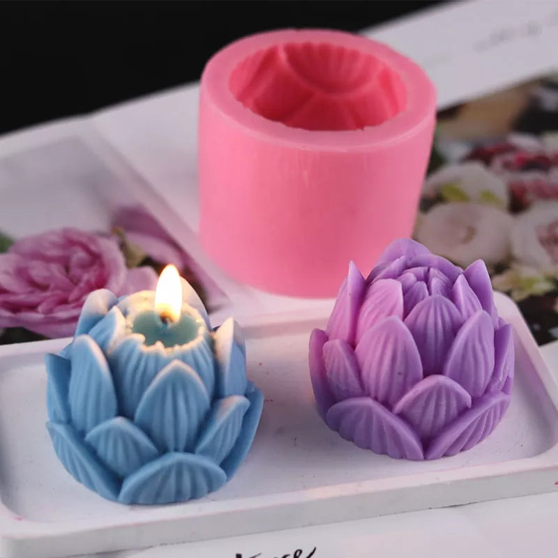 Lotus Candle Moulds 9 - Silicone Mould, Mold for DIY Candles. Created using candle making kit with cotton candle wicks and candle colour chips. Using soy wax for pillar candles. Sold by Myka Candles Moulds Australia