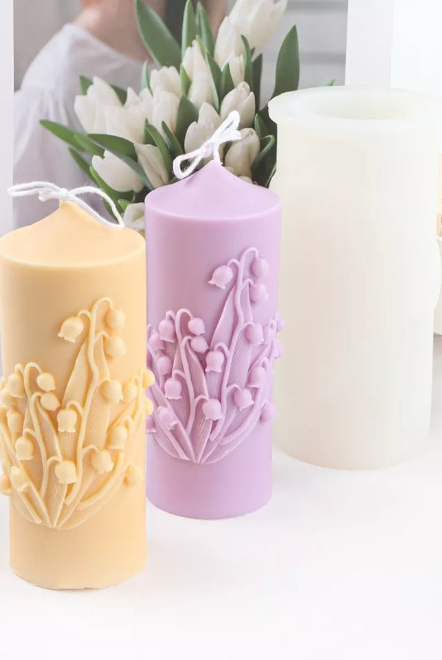 Lily of the Valley Candle Mould 5 - Silicone Mould, Mold for DIY Candles. Created using candle making kit with cotton candle wicks and candle colour chips. Using soy wax for pillar candles. Sold by Myka Candles Moulds Australia