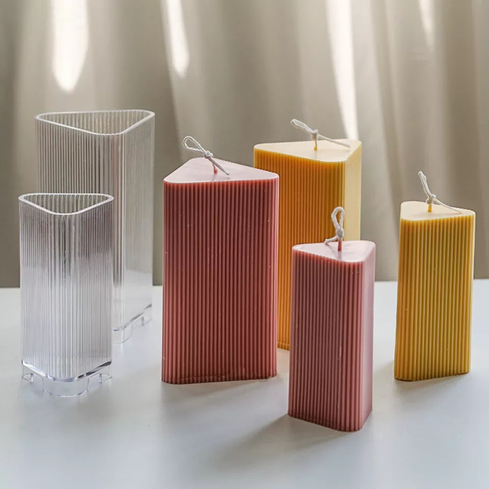 Ribbed Triangular Candle Moulds 2 - Silicone Mould, Mold for DIY Candles. Created using candle making kit with cotton candle wicks and candle colour chips. Using soy wax for pillar candles. Sold by Myka Candles Moulds Australia