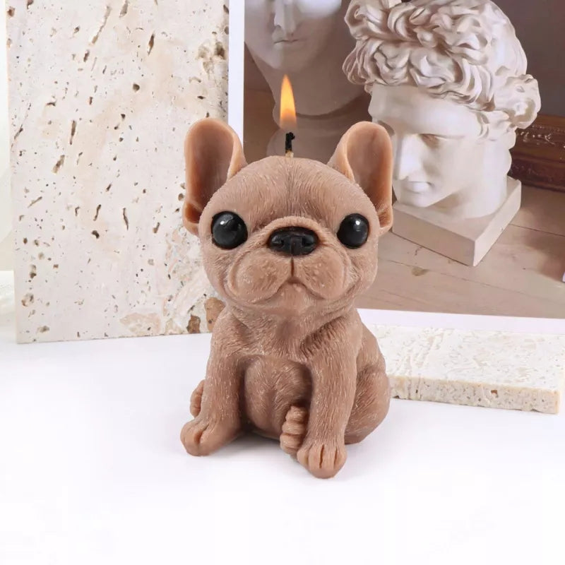 Frenchie Puppy Candle Mould 2 - Silicone Mould, Mold for DIY Candles. Created using candle making kit with cotton candle wicks and candle colour chips. Using soy wax for pillar candles. Sold by Myka Candles Moulds Australia