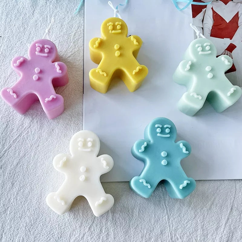 Gingerbread Man Candle Mould 1 - Silicone Mould, Mold for DIY Candles. Created using candle making kit with cotton candle wicks and candle colour chips. Using soy wax for pillar candles. Sold by Myka Candles Moulds Australia