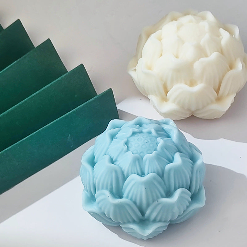 Blooming Lotus Candle Mould 3 - Silicone Mould, Mold for DIY Candles. Created using candle making kit with cotton candle wicks and candle colour chips. Using soy wax for pillar candles. Sold by Myka Candles Moulds Australia