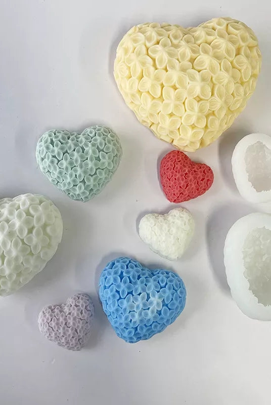 Flower Heart Candle Mould 5 - Silicone Mould, Mold for DIY Candles. Created using candle making kit with cotton candle wicks and candle colour chips. Using soy wax for pillar candles. Sold by Myka Candles Moulds Australia