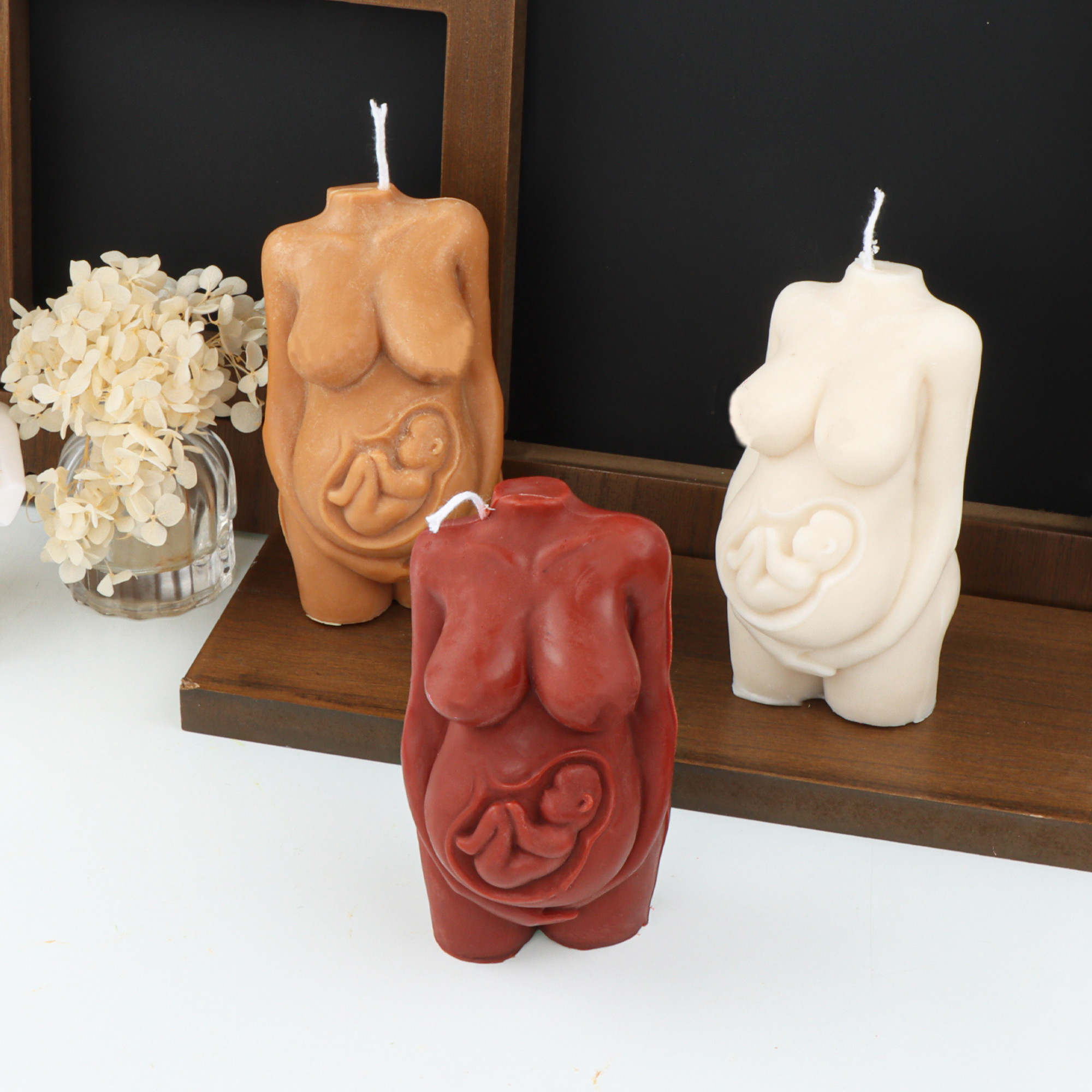 Pregnant Mama Candle Mould 1 - Silicone Mould, Mold for DIY Candles. Created using candle making kit with cotton candle wicks and candle colour chips. Using soy wax for pillar candles. Sold by Myka Candles Moulds Australia