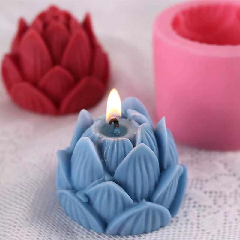 Lotus Candle Moulds 8 - Silicone Mould, Mold for DIY Candles. Created using candle making kit with cotton candle wicks and candle colour chips. Using soy wax for pillar candles. Sold by Myka Candles Moulds Australia
