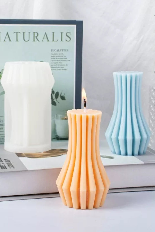 Striped Vase Candle Mould 1 - Silicone Mould, Mold for DIY Candles. Created using candle making kit with cotton candle wicks and candle colour chips. Using soy wax for pillar candles. Sold by Myka Candles Moulds Australia