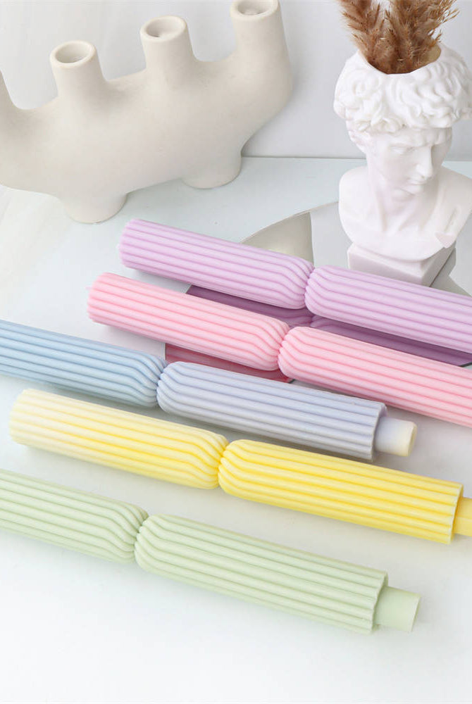 Twist Ribbed Pillar Candle Mould 1 - Silicone Mould, Mold for DIY Candles. Created using candle making kit with cotton candle wicks and candle colour chips. Using soy wax for pillar candles. Sold by Myka Candles Moulds Australia