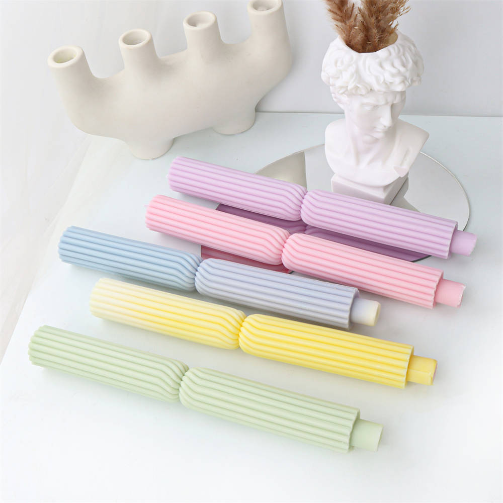 Twist Ribbed Pillar Candle Mould 1 - Silicone Mould, Mold for DIY Candles. Created using candle making kit with cotton candle wicks and candle colour chips. Using soy wax for pillar candles. Sold by Myka Candles Moulds Australia