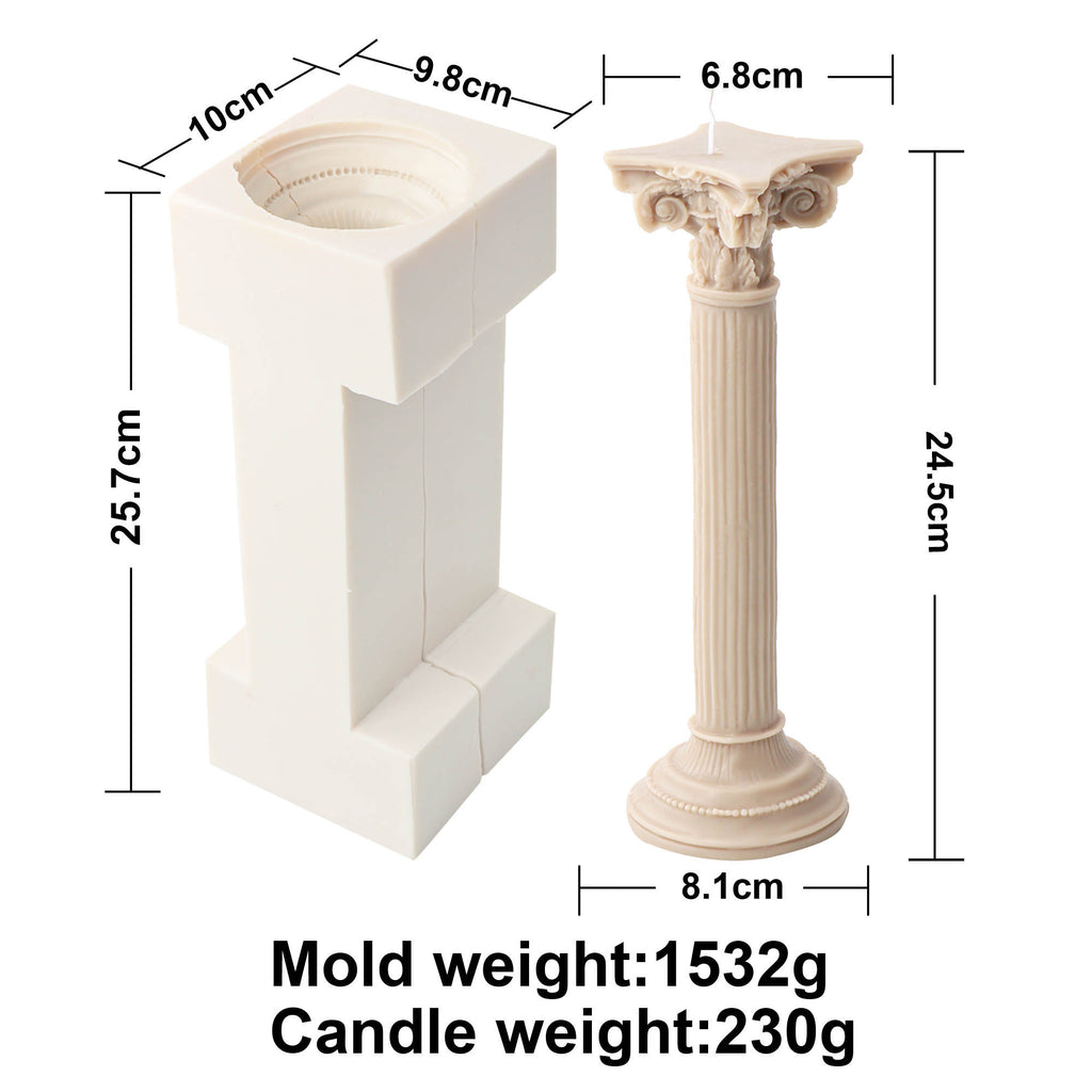 Roman Column Candle Mould 2 - Silicone Mould, Mold for DIY Candles. Created using candle making kit with cotton candle wicks and candle colour chips. Using soy wax for pillar candles. Sold by Myka Candles Moulds Australia